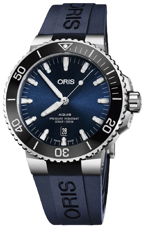 best watches for outdoor hiking-Oris Aquis Automatic Stainless Steel Blue Dial Blue Rubber Strap Date Divers Mens Watch 733 7730 4135-07 4 24 65EB