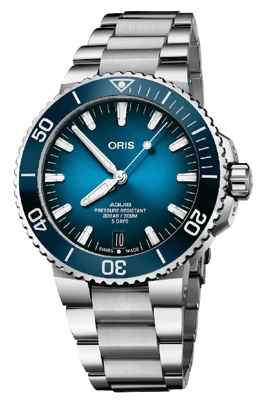 classic wristwatches for men’s wardrobe-Oris Aquis Automatic Stainless Steel Blue Dial Date Divers Mens Watch 400 7763 4135-07 8 24 09PEB