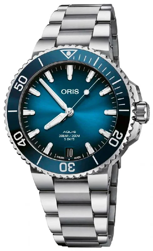 watches with ceramic bezel-Oris Aquis Automatic Stainless Steel Blue Dial Date Divers Mens Watch 400 7769 4135-07 8 22 09PEB