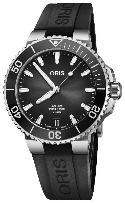 best smartwatch for cycling-Oris Aquis Automatic Stainless Steel Gray Dial Black Rubber Strap Date Divers Mens Watch 400 7769 4154-07 4 22 74FC