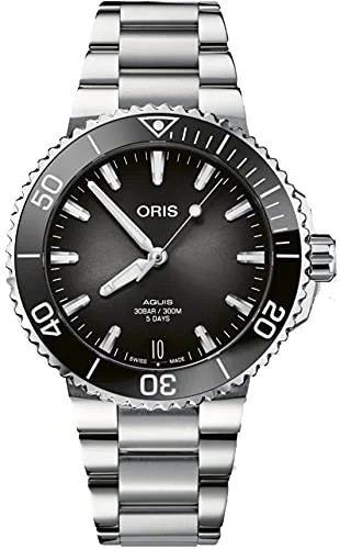 watches with titanium case-Oris Aquis Automatic Stainless Steel Gray Dial Date Divers Mens Watch 400 7769 4154-07 8 22 09PEB