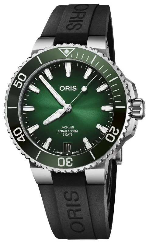 pocket watches for vintage collectors-Oris Aquis Automatic Stainless Steel Green Dial Black Rubber Strap Date Divers Mens Watch 400 7769 4157-07 4 22 74FC