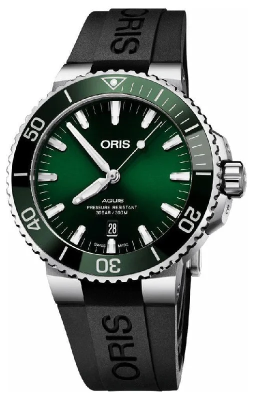 watches for night-time visibility-Oris Aquis Automatic Stainless Steel Green Dial Black Rubber Strap Date Divers Mens Watch 733 7766 4157-07 4 22 64FC