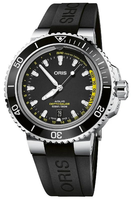 watches with interchangeable bands-Oris Aquis Depth Gauge Automatic Stainless Steel Black Dial Black Rubber Strap Date Divers Mens Watch 733 7755 4154-Set RS