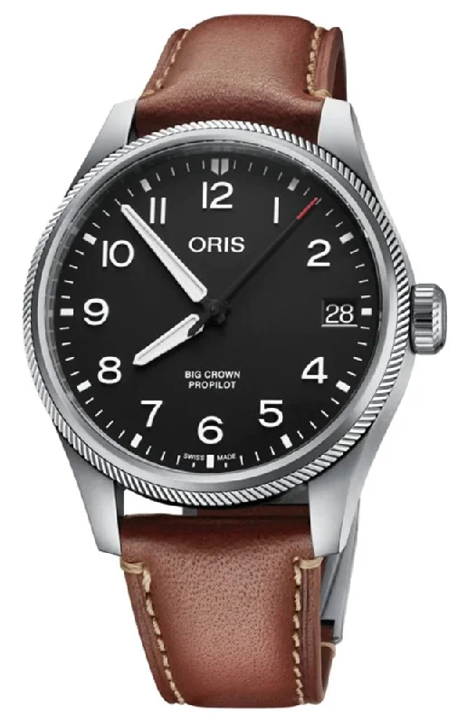 elegant watches for women’s formal occasions-Oris Big Crown ProPilot Automatic Stainless Steel Black Dial Brown Leather Strap Date Mens Watch 751 7761 4164-07 6 20 07LC