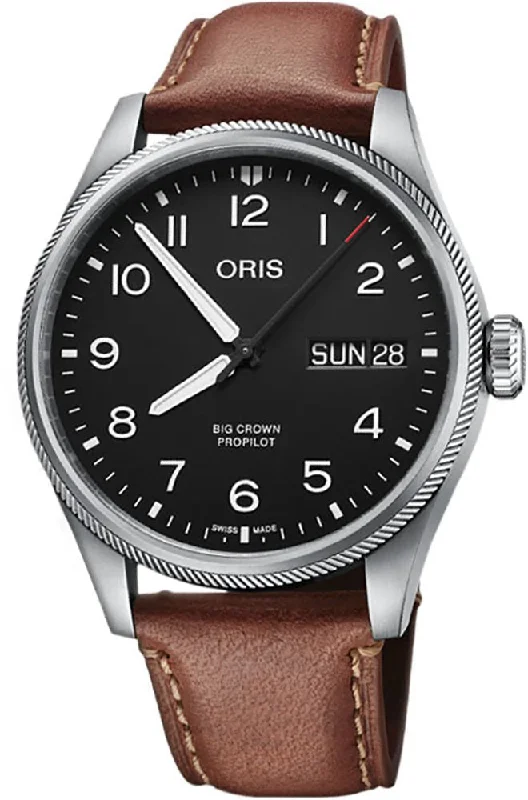 classic leather strap watches-Oris Big Crown ProPilot Automatic Stainless Steel Black Dial Brown Leather Strap Day/Date Mens Watch 752 7760 4164-07 5 22 07LC