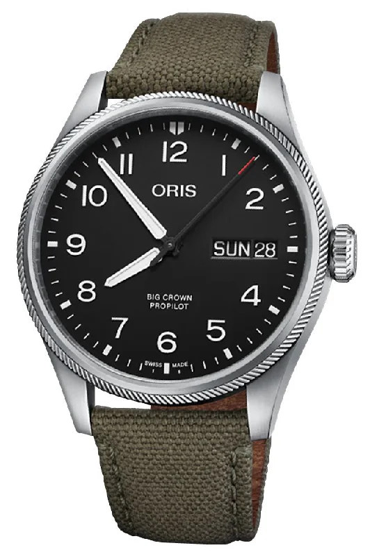 best diving watches for professionals-Oris Big Crown ProPilot Automatic Stainless Steel Black Dial Green Textile Strap Day/Date Mens Watch 752 7760 4164-07 3 22 02LC