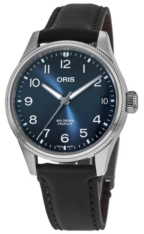 affordable smartwatches with good battery life-Oris Big Crown ProPilot Automatic Stainless Steel Blue Dial Black Leather Strap Date Mens Watch 751 7761 4065-07 6 20 08LC