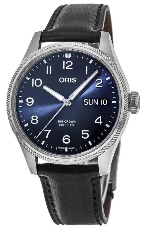 solar powered watches for outdoor adventures-Oris Big Crown ProPilot Automatic Stainless Steel Blue Dial Black Leather Strap Day/Date Mens Watch 752 7760 4065-07 5 22 08LC