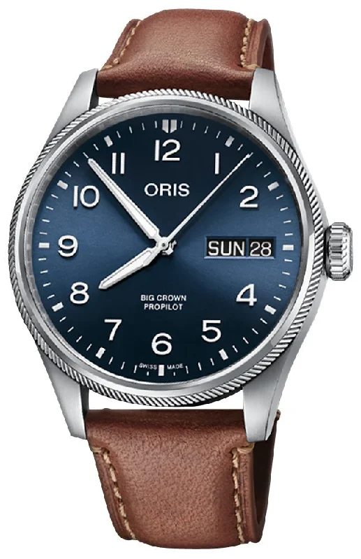 casual wristwatches for everyday wear-Oris Big Crown ProPilot Automatic Stainless Steel Blue Dial Brown Leather Strap Day/Date Mens Watch 752 7760 4065-07 5 22 07LC