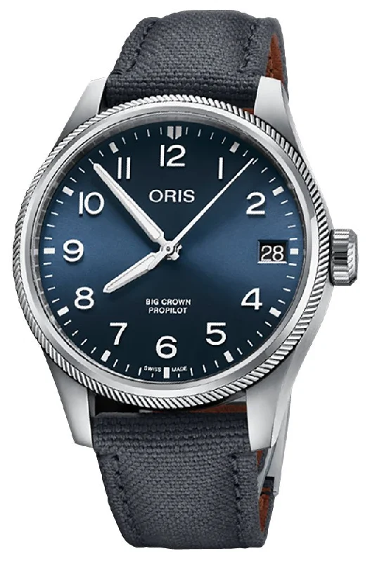 women’s watches with adjustable straps-Oris Big Crown ProPilot Automatic Stainless Steel Blue Dial Gray Textile Strap Date Mens Watch 751 7761 4065-07 3 20 05LC