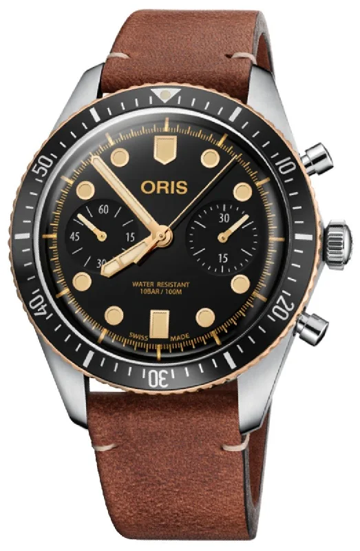 watches for travel and time zone management-Oris Divers Sixty-Five Automatic Chronograph Stainless Steel Brown Leather Strap Black Dial Mens Watch 771 7744 4354-LS