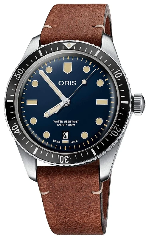 unique handmade watches-Oris Divers Sixty-Five Automatic Stainless Steel Blue Dial Brown Leather Strap Date Mens Watch 733 7707 4055-07 5 20 45