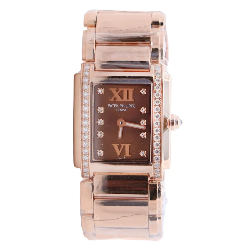 luxury watches with sapphire crystal-Patek Philippe Twenty-4 24mm Chocolate Watch Ref# 4908/11R-010