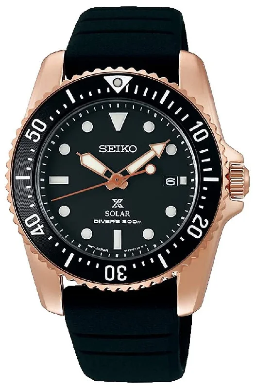 watches for travel and time zone management-Seiko Prospex Solar Rose Gold PVD Black Dial Black Silicone Strap Date Divers Quartz Mens Watch SNE586P1