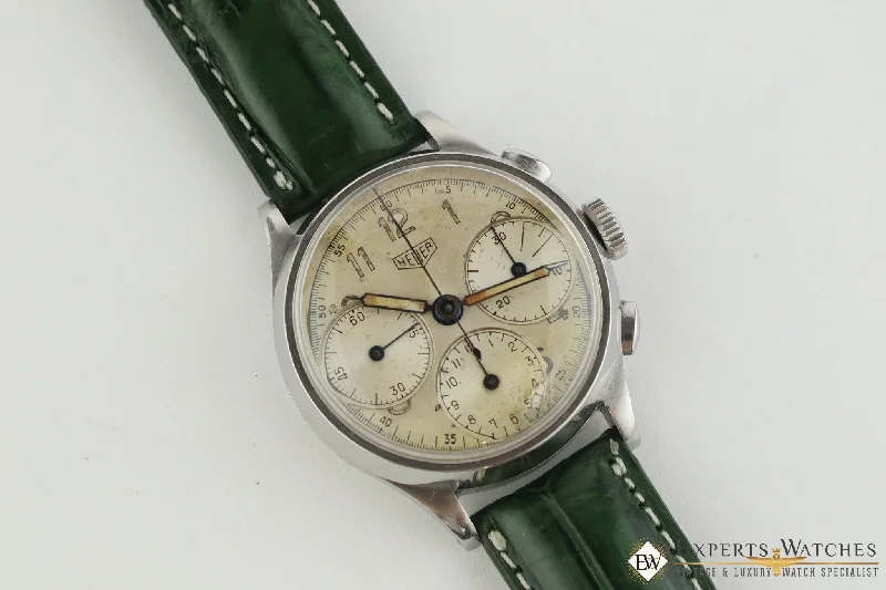 stylish watches for businesswomen-Serviced 1940's Vintage Heuer 345 Big Eye Chronograph Valjoux 71 Pre-Carrera