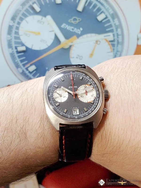 watch brands with lifetime warranty-Serviced 1960 Vintage Enicar Big Eye Chronograph Watch Tropical Valjoux 23 Date