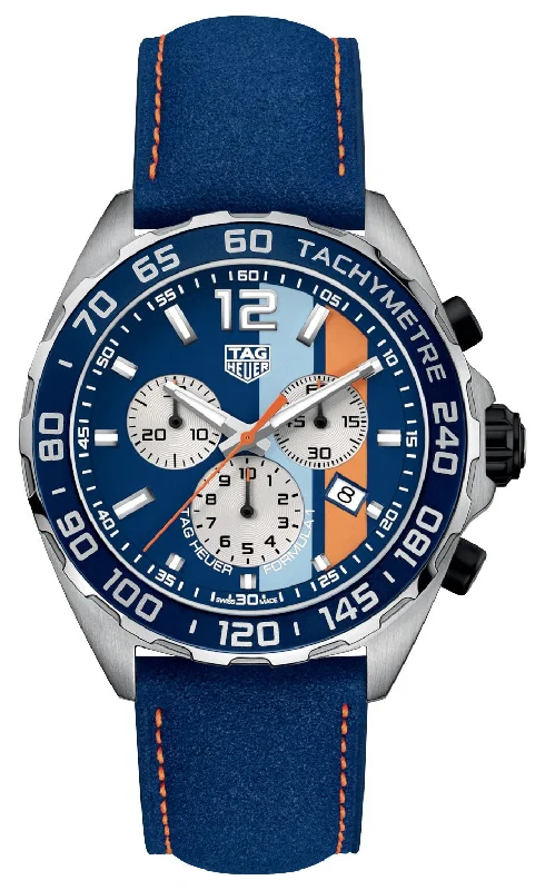 watches with fitness tracking for seniors-Special Edition TAG Heuer Formula 1 x Gulf Chronograph Stainless Steel Blue Dial Blue Leather Strap Date Divers Quartz Mens Watch CAZ101N.FC8243