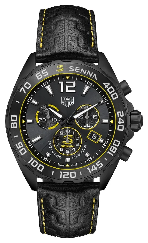 watches for people with small wrists-Special Edition TAG Heuer Formula 1 x Senna Chronograph Black DLC Steel Gray Dial Black Leather Strap Date Divers Quartz Mens Watch CAZ101AJ.FC6487