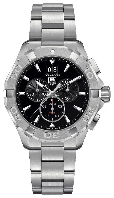 men’s watches with leather straps-TAG Heuer Aquaracer Chronograph Stainless Steel Black Dial Date Divers Quartz Mens Watch CAY1110.BA0927