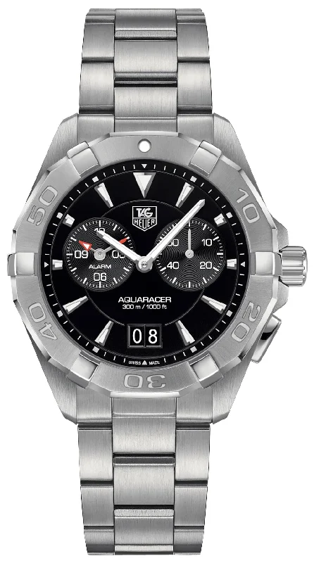 affordable watches with large face-TAG Heuer Aquaracer Stainless Steel Black Dial Date Alarm Divers Quartz Mens Watch WAY111Z.BA0928