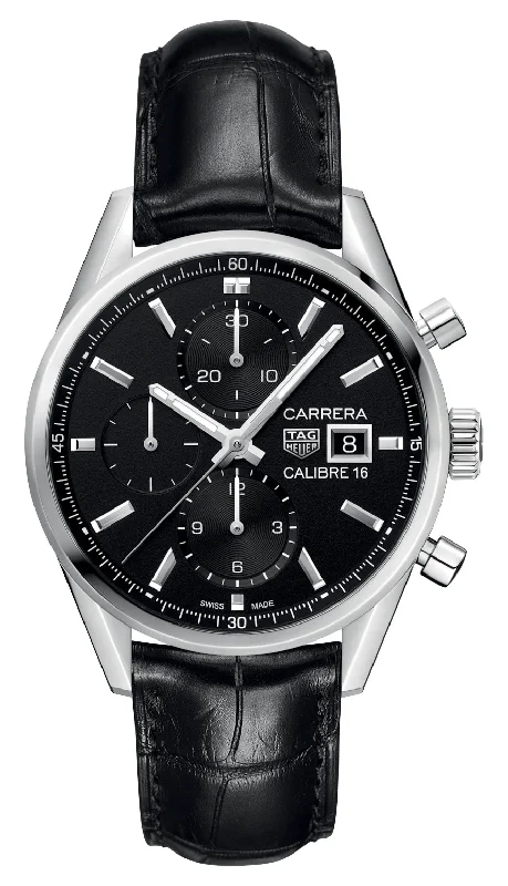 cheap watches for teenagers-TAG Heuer Carrera Automatic Chronograph Stainless Steel Black Dial Black Leather Strap Date Mens Watch CBK2110.FC6266