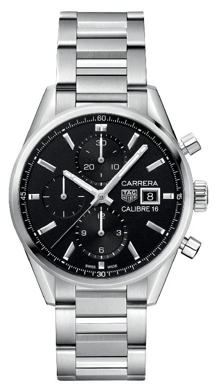 watches with titanium case-TAG Heuer Carrera Automatic Chronograph Stainless Steel Black Dial Date Mens Watch CBK2110.BA0715