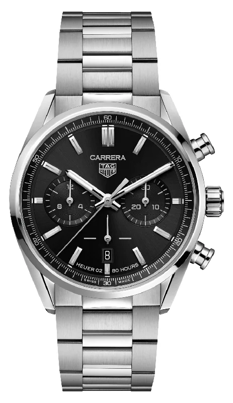 watches with titanium bracelet-TAG Heuer Carrera Automatic Chronograph Stainless Steel Black Dial Date Mens Watch CBN2010.BA0642