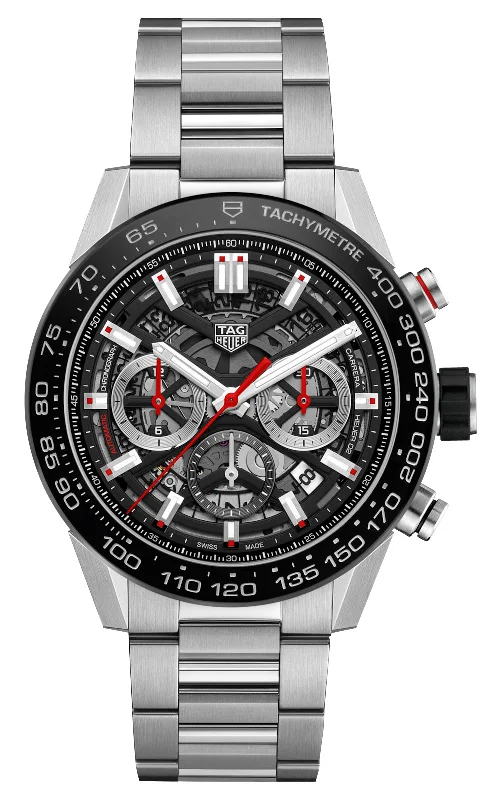 best watches for casual wear-TAG Heuer Carrera Automatic Chronograph Stainless Steel Black Skeleton Dial Date Mens Watch CBG2A10.BA0654