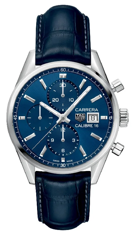 women’s watches with rose gold finish-TAG Heuer Carrera Automatic Chronograph Stainless Steel Blue Dial Blue Leather Strap Date Mens Watch CBK2112.FC6292