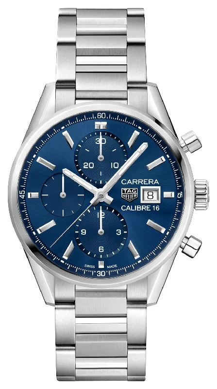 custom watches with personalized message-TAG Heuer Carrera Automatic Chronograph Stainless Steel Blue Dial Date Mens Watch CBK2112.BA0715