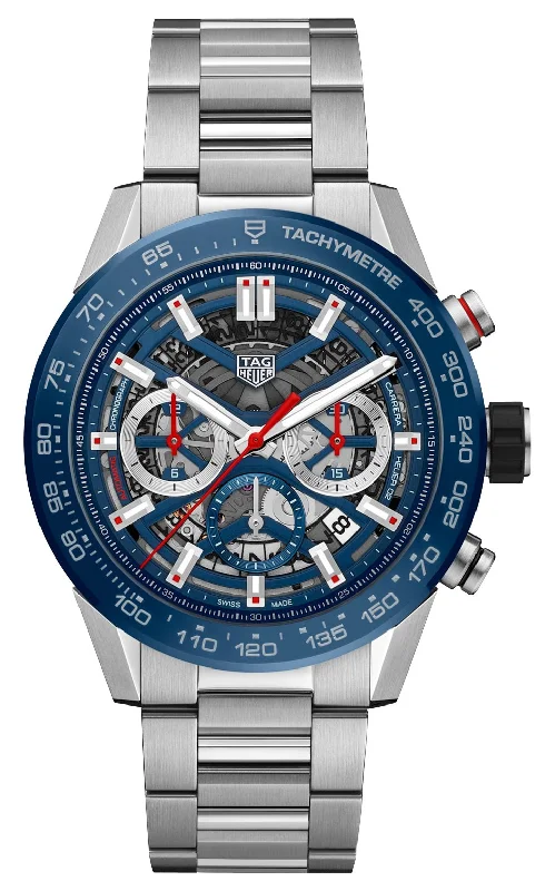 smartwatch for kids with parental controls-TAG Heuer Carrera Automatic Chronograph Stainless Steel Blue Skeleton Dial Date Mens Watch CBG2A11.BA0654