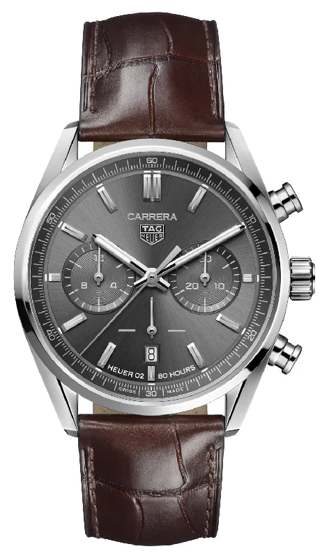 unisex watches for gifting-TAG Heuer Carrera Automatic Chronograph Stainless Steel Gray Dial Brown Leather Strap Date Mens Watch CBN2012.FC6483