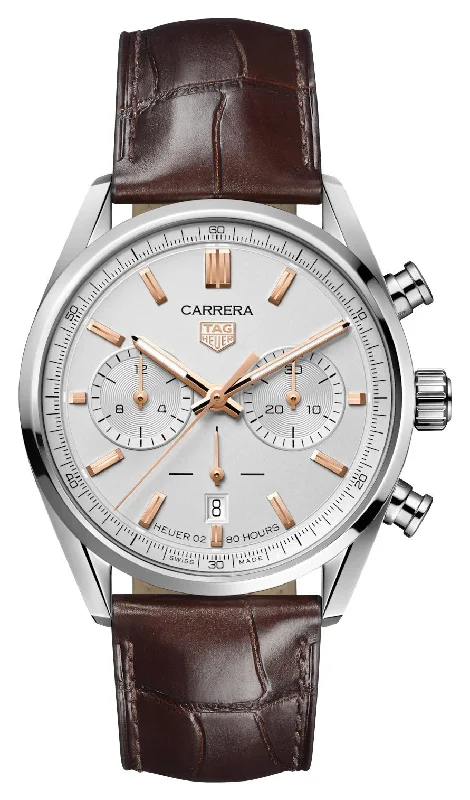 elegant watches for weddings-TAG Heuer Carrera Automatic Chronograph Stainless Steel Silver-Tone Dial Brown Leather Strap Date Mens Watch CBN2013.FC6483