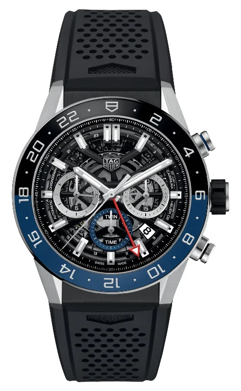 best smartwatch for cycling-TAG Heuer Carrera Automatic GMT Chronograph Stainless Steel Black Skeleton Dial Black Rubber Strap Date Mens Watch CBG2A1Z.FT6157