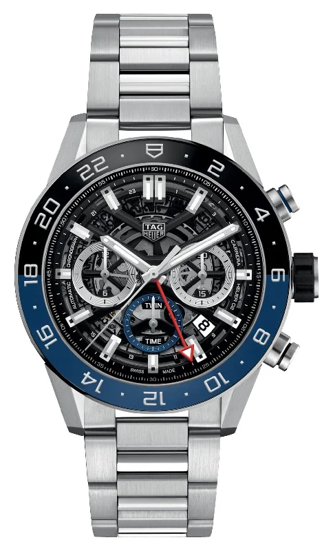 fitness watches with built-in GPS-TAG Heuer Carrera Automatic GMT Chronograph Stainless Steel Black Skeleton Dial Date Mens Watch CBG2A1Z.BA0658