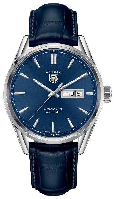 best watches for travel lovers-TAG Heuer Carrera Automatic Stainless Steel Blue Dial Blue Leather Strap Day/Date Mens Watch WAR201E.FC6292