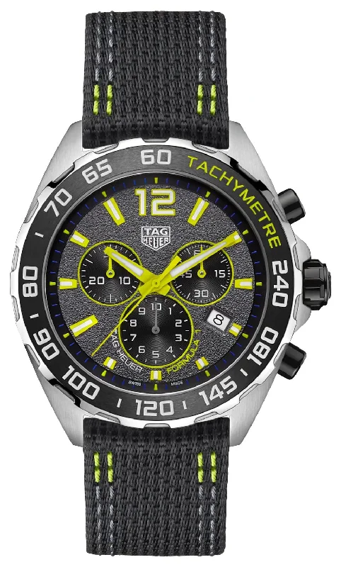 classic watches with Roman numerals-TAG Heuer Formula 1 Chronograph Stainless Steel Gray Dial Black Textile Strap Date Divers Quartz Mens Watch CAZ101AG.FC8304