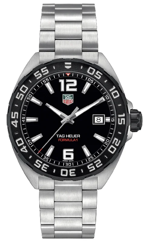 luxury leather watches for women-TAG Heuer Formula 1 Stainless Steel Black Dial Date Divers Quartz Mens Watch WAZ1110.BA0875