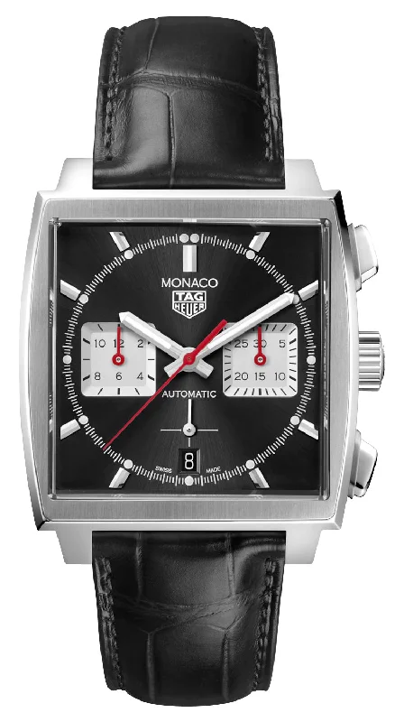 men’s watches with black leather strap-TAG Heuer Monaco Automatic Chronograph Stainless Steel Black Dial Black Leather Strap Date Mens Watch CBL2113.FC6177