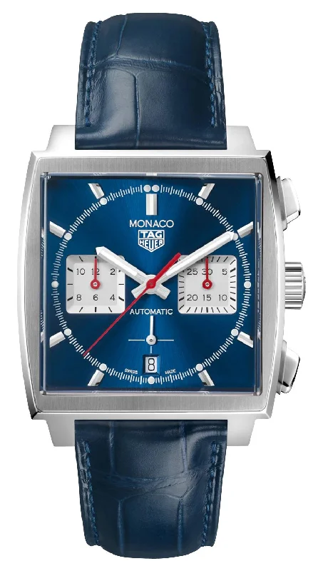 watches with ceramic bezel-TAG Heuer Monaco Automatic Chronograph Stainless Steel Blue Dial Blue Leather Strap Date Mens Watch CBL2111.FC6453