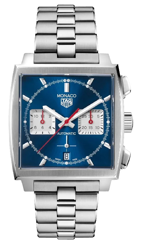 smartwatch with fitness apps-TAG Heuer Monaco Automatic Chronograph Stainless Steel Blue Dial Date Mens Watch CBL2111.BA0644