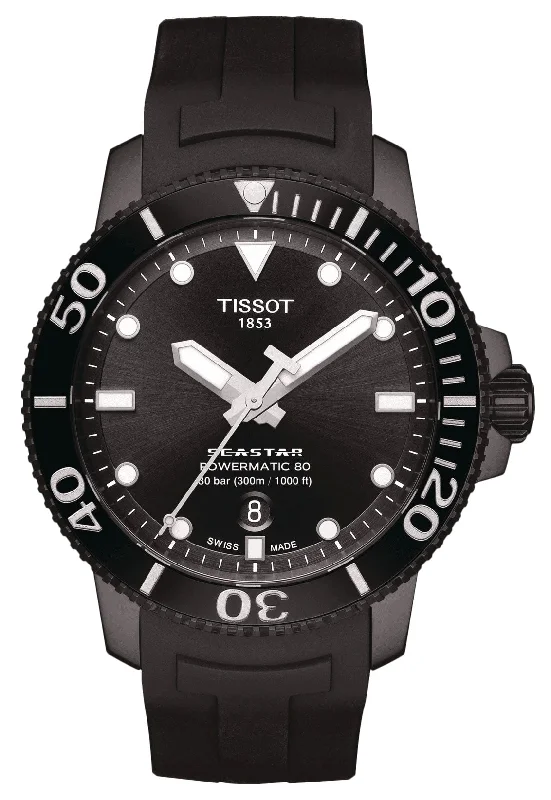 women’s wristwatches with diamond accents-Tissot T-Sport Seastar 1000 Automatic Powermatic 80 Black PVD Black Dial Black Rubber Strap Date Divers Mens Watch T120.407.37.051.00