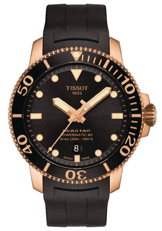 watches with altimeter for mountain climbing-Tissot T-Sport Seastar 1000 Automatic Powermatic 80 Rose Gold PVD Black Dial Black Rubber Strap Date Divers Mens Watch T120.407.37.051.01