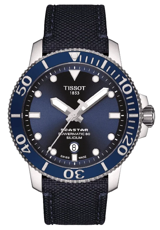 watches with sapphire crystal glass for scratch resistance-Tissot T-Sport Seastar 1000 Automatic Powermatic 80 Silicium Blue Dial Blue Textile Strap Date Mens Watch T120.407.17.041.01