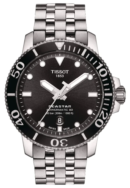 watches for hiking with temperature sensor-Tissot T-Sport Seastar 1000 Automatic Powermatic 80 Stainless Steel Black Dial Date Divers Mens Watch T120.407.11.051.00