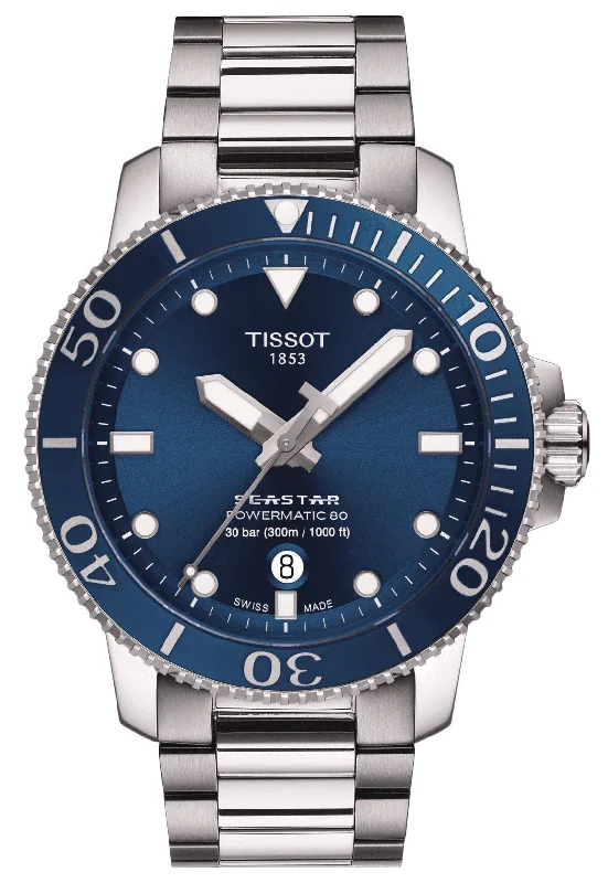 luxury watches with exclusive designs-Tissot T-Sport Seastar 1000 Automatic Powermatic 80 Stainless Steel Blue Dial Date Divers Mens Watch T120.407.11.041.03