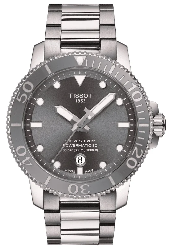 watches with world clock function for travelers-Tissot T-Sport Seastar 1000 Automatic Powermatic 80 Stainless Steel Gray Dial Date Divers Mens Watch T120.407.11.081.01