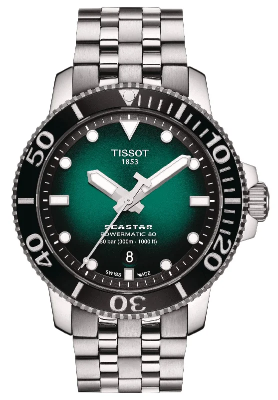 hybrid watches for men and women-Tissot T-Sport Seastar 1000 Automatic Powermatic 80 Stainless Steel Green Dial Date Divers Mens Watch T120.407.11.091.01