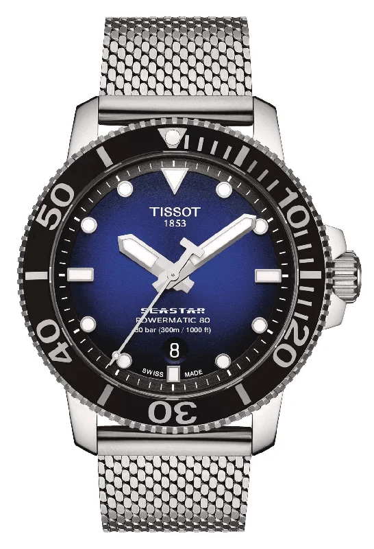 watches with precision quartz movement-Tissot T-Sport Seastar 1000 Automatic Powermatic 80 Stainless Steel Mesh Blue Dial Date Divers Mens Watch T120.407.11.041.02